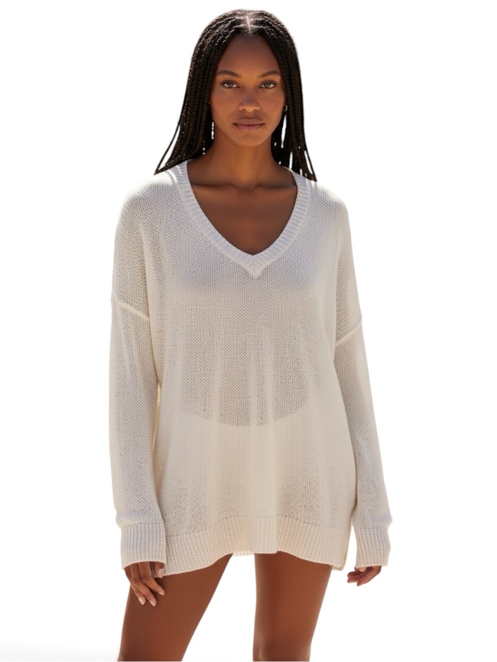 ATM Anthony Thomas Melillo Sparkle Cream V-Neck Lightweight Knit Sweater NWT